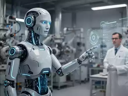 Schlanker, moderner humanoider Roboter mit blauen Akzenten in einem Hightech-Labor. - Foto: über boerse-global.de