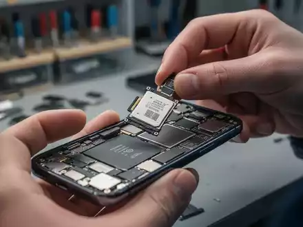 Technikerhände installieren ein gebrauchtes Originalteil in ein Smartphone, heben die komplexen inneren Komponenten hervor. - Foto: über boerse-global.de