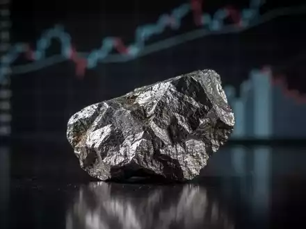 Ein glänzendes Stück Dysprosium-Erz auf dunklem Hintergrund, mit unscharfen, fallenden Finanzcharts im Hintergrund. - Foto: über boerse-global.de