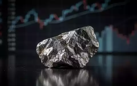 Ein glänzendes Stück Dysprosium-Erz auf dunklem Hintergrund, mit unscharfen, fallenden Finanzcharts im Hintergrund. - Foto: über boerse-global.de