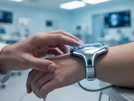 Nahaufnahme einer Hand, die ein modernes, schlankes neuromodulatorisches Gerät am Handgelenk berührt, im Hintergrund ein verschwommenes medizinisches Umfeld. - Foto: über boerse-global.de