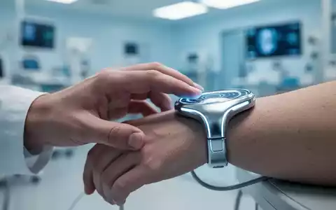Nahaufnahme einer Hand, die ein modernes, schlankes neuromodulatorisches Gerät am Handgelenk berührt, im Hintergrund ein verschwommenes medizinisches Umfeld. - Foto: über boerse-global.de