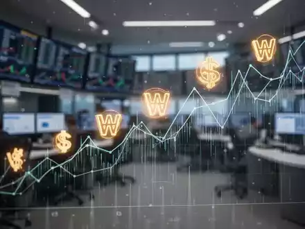 Abstrakte Darstellung von Finanzdaten und Won-Symbolen auf einem Bildschirm, die positive Markttrends widerspiegelt. - Foto: über boerse-global.de