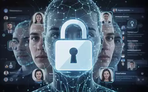 Digitales Vorhängeschloss-Symbol über stilisierten Gesichtern und Social-Media-Elementen, das Datenschutzbedenken bei KI darstellt. - Foto: über boerse-global.de
