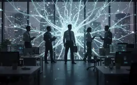 Stilisierte Figuren verlassen ein Tech-Unternehmen, im Hintergrund ein leuchtendes KI-Neuronennetz, das Führungswechsel symbolisiert. - Foto: über boerse-global.de