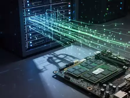 Server-Rack mit leuchtenden Datenströmen, die Schatten auf ein PC-Mainboard werfen, symbolisiert den Einfluss von KI auf den PC-Markt. - Foto: über boerse-global.de