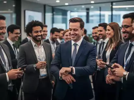 Mitarbeiter in festlicher Kleidung bei einem Firmenevent, einige prüfen diskret die Uhr, was auf Arbeitszeitfragen hinweist. - Foto: über boerse-global.de
