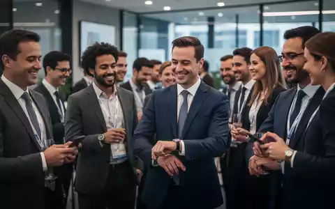Mitarbeiter in festlicher Kleidung bei einem Firmenevent, einige prüfen diskret die Uhr, was auf Arbeitszeitfragen hinweist. - Foto: über boerse-global.de