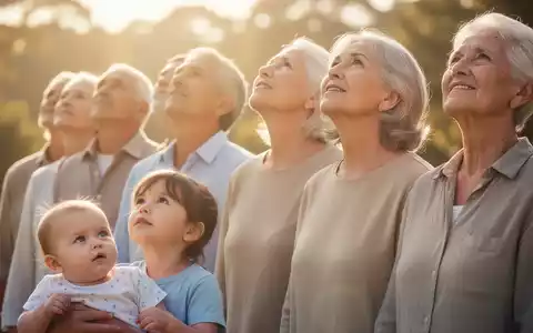 Menschen unterschiedlichen Alters (Baby, Kind, Erwachsener, Senior) stehen im Sonnenlicht, das Vitamin D symbolisiert. - Foto: über boerse-global.de