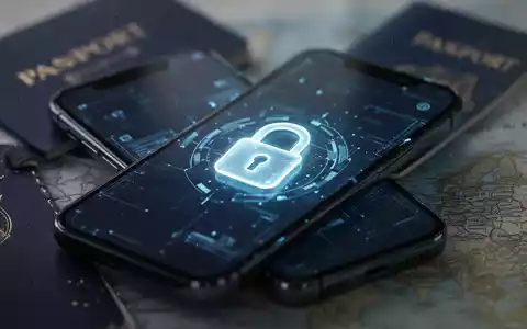 Ein Smartphone mit einem leuchtenden Schloss-Symbol auf dem Bildschirm, umgeben von einem Reisepass und einer Landkarte, in einem sicheren Kontext. - Foto: über boerse-global.de