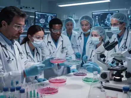 Medizinisches Fachpersonal in einem modernen Mikrobiologielabor, das Petrischalen untersucht und Diagnosegeräte bedient. - Foto: über boerse-global.de