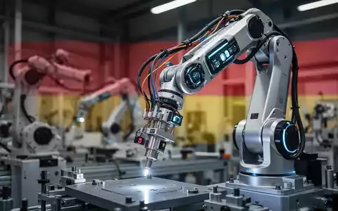 Nahaufnahme eines hochentwickelten Roboterarms am Fließband, Symbol für Deutschlands fortschrittliche Robotik und technologische Innovation. - Foto: über boerse-global.de