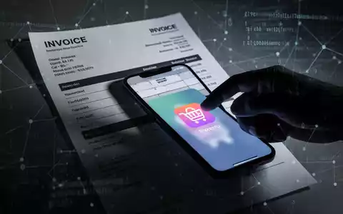 Eine schattenhafte Hand greift nach einem Smartphone mit Shopping-App-Icon, eine betrügerische digitale Rechnung teilweise sichtbar. - Foto: über boerse-global.de