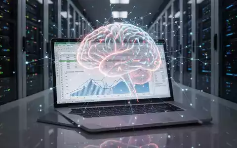 KI-Gehirn leuchtet über Laptop-Bildschirm mit Excel-Tabelle und dynamischen Daten in modernem Rechenzentrum - Foto: über boerse-global.de