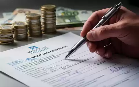 Eine Hand hält einen Stift über einem medizinischen Attest, im Hintergrund verschwommen Euro-Münzen und -Scheine. - Foto: über boerse-global.de