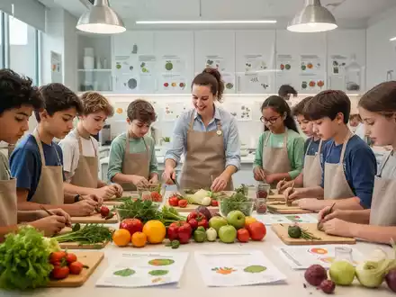 Schüler und Lehrer in einem Kochworkshop, umgeben von frischem Obst und Gemüse, lernen über gesunde und nachhaltige Ernährung. - Foto: über boerse-global.de