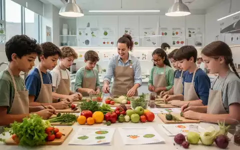 Schüler und Lehrer in einem Kochworkshop, umgeben von frischem Obst und Gemüse, lernen über gesunde und nachhaltige Ernährung. - Foto: über boerse-global.de