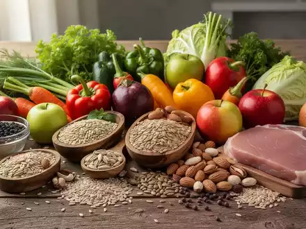 Eine Stillleben-Anordnung von frischem Obst, Gemüse, Vollkornprodukten und Nüssen auf einem Holztisch, das gesunde Ernährung darstellt. - Foto: über boerse-global.de