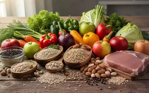 Eine Stillleben-Anordnung von frischem Obst, Gemüse, Vollkornprodukten und Nüssen auf einem Holztisch, das gesunde Ernährung darstellt. - Foto: über boerse-global.de