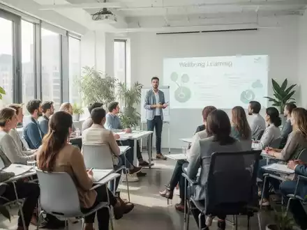 Eine Gruppe von Menschen in einem modernen Seminarraum, die aufmerksam einem Vortrag lauschen, mit Elementen von Natur und Wachstum. - Foto: über boerse-global.de