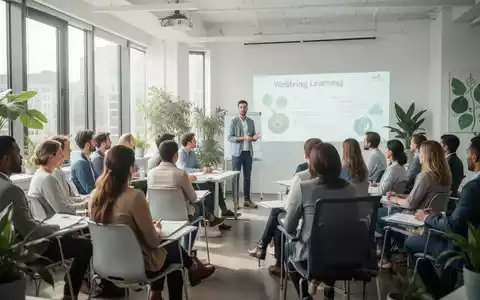 Eine Gruppe von Menschen in einem modernen Seminarraum, die aufmerksam einem Vortrag lauschen, mit Elementen von Natur und Wachstum. - Foto: über boerse-global.de