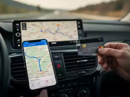 Ein Auto-Armaturenbrett mit einer unscharfen Karte und einem Smartphone, das eine Navigations-App anzeigt, eine Hand hält eine Kreditkarte. - Foto: über boerse-global.de