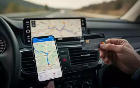Ein Auto-Armaturenbrett mit einer unscharfen Karte und einem Smartphone, das eine Navigations-App anzeigt, eine Hand hält eine Kreditkarte. - Foto: über boerse-global.de