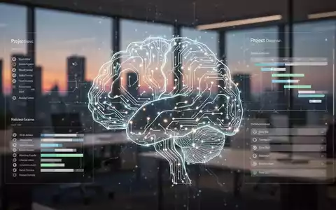 Stilisierte digitale Gehirn- oder neuronale Netzstruktur mit Projektmanagement-Elementen, symbolisiert KI im Projektmanagement. - Foto: über boerse-global.de