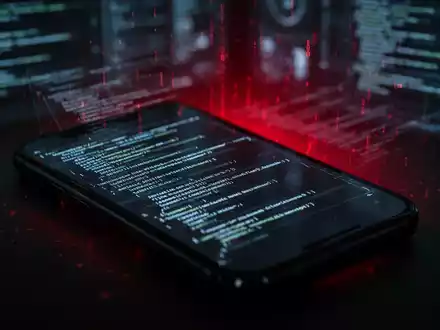 Ein Smartphone-Bildschirm zeigt abstrakte, leuchtende Codezeilen mit einem schwachen roten digitalen Schein, der eine Cyberbedrohung andeutet. - Foto: über boerse-global.de