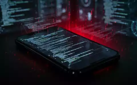 Ein Smartphone-Bildschirm zeigt abstrakte, leuchtende Codezeilen mit einem schwachen roten digitalen Schein, der eine Cyberbedrohung andeutet. - Foto: über boerse-global.de