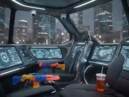 Innenraum eines modernen autonomen Fahrzeugs mit Überwachungskameras, einer Gelblaster-Spielzeugpistole und einem Getränkebehälter auf dem Sitz. - Foto: über boerse-global.de