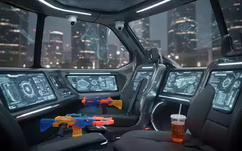 Innenraum eines modernen autonomen Fahrzeugs mit Überwachungskameras, einer Gelblaster-Spielzeugpistole und einem Getränkebehälter auf dem Sitz. - Foto: über boerse-global.de