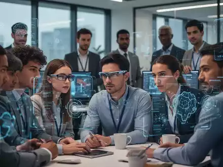 Menschen in einem modernen Büro, einige mit Bildschirmen und innovativen Sehhilfen, symbolisieren Gesundheit und Technologie am Arbeitsplatz. - Foto: über boerse-global.de