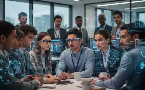 Menschen in einem modernen Büro, einige mit Bildschirmen und innovativen Sehhilfen, symbolisieren Gesundheit und Technologie am Arbeitsplatz. - Foto: über boerse-global.de
