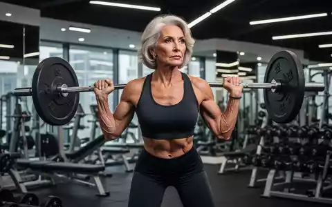 Eine starke Frau über 50 hebt Gewichte in einem modernen Fitnessstudio, konzentriert und aktiv. - Foto: über boerse-global.de