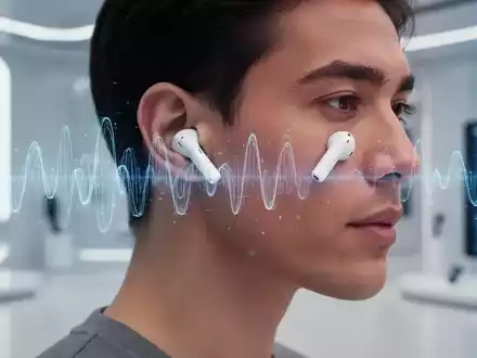Person mit weißen kabellosen Ohrhörern, dezente digitale Schallwellen deuten auf personalisiertes Audio hin. Moderner Tech-Hintergrund. - Foto: über boerse-global.de
