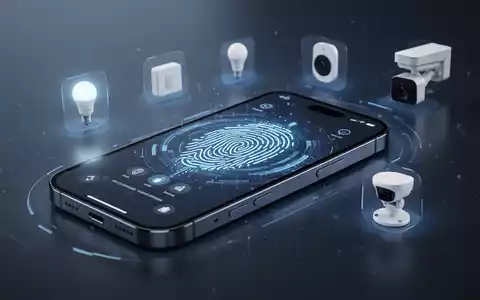 Modernes Smartphone mit futuristischem Display, das Face-ID-Scan-Animation und Smart-Home-Symbole zeigt. - Foto: über boerse-global.de