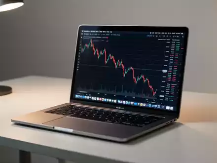 Modernes Apple MacBook auf einem Schreibtisch, Bildschirm zeigt fallenden Finanzgraphen, symbolisiert Rabatte und MarktverĂ€nderungen. - Foto: ĂŒber boerse-global.de