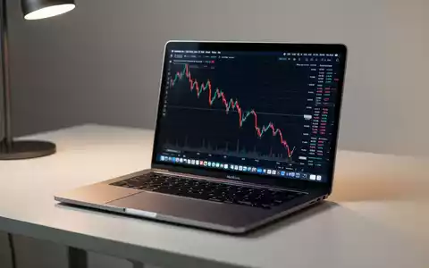 Modernes Apple MacBook auf einem Schreibtisch, Bildschirm zeigt fallenden Finanzgraphen, symbolisiert Rabatte und Marktveränderungen. - Foto: über boerse-global.de