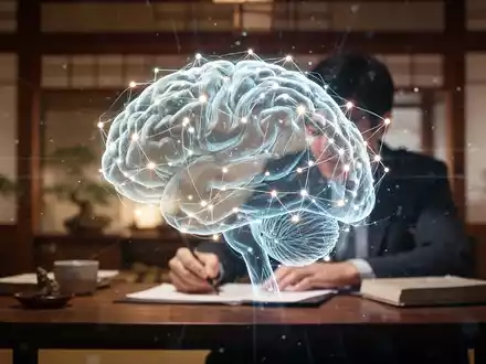 Eine grafische Darstellung eines leuchtenden Gehirns, ĂŒberlagert von einer unscharfen Person, die konzentriert an einem Schreibtisch arbeitet. - Foto: ĂŒber boerse-global.de