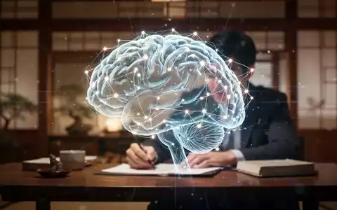 Eine grafische Darstellung eines leuchtenden Gehirns, überlagert von einer unscharfen Person, die konzentriert an einem Schreibtisch arbeitet. - Foto: über boerse-global.de