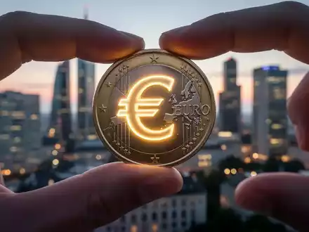 Eine digitale Euro-Münze mit leuchtendem Euro-Symbol wird zwischen zwei Fingern gehalten, im Hintergrund eine verschwommene europäische Stadtlandschaft. - Foto: über boerse-global.de