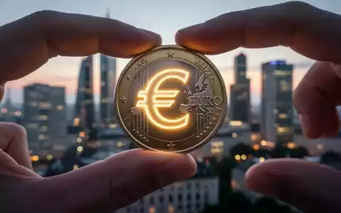 Eine digitale Euro-Münze mit leuchtendem Euro-Symbol wird zwischen zwei Fingern gehalten, im Hintergrund eine verschwommene europäische Stadtlandschaft. - Foto: über boerse-global.de