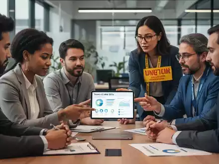 Mitarbeiter und ein Betriebsrat diskutieren in einem modernen Büro vor einem Tablet, das eine Umfrage anzeigt, symbolisch für Mitbestimmung. - Foto: über boerse-global.de