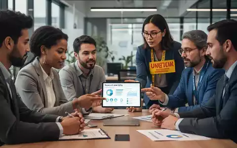 Mitarbeiter und ein Betriebsrat diskutieren in einem modernen Büro vor einem Tablet, das eine Umfrage anzeigt, symbolisch für Mitbestimmung. - Foto: über boerse-global.de