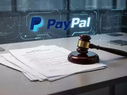 Rechtsdokumente und ein Hammer auf einem Schreibtisch, mit dezentem PayPal-Logo im Hintergrund, symbolisiert Streitbeilegung. - Foto: über boerse-global.de