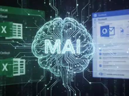 Stilisierte leuchtende neuronale Netzstruktur mit integriertem 'MAI', abstrakte Excel- und Outlook-Oberflächen im Hintergrund. - Foto: über boerse-global.de
