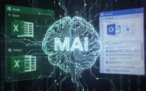 Stilisierte leuchtende neuronale Netzstruktur mit integriertem 'MAI', abstrakte Excel- und Outlook-Oberflächen im Hintergrund. - Foto: über boerse-global.de