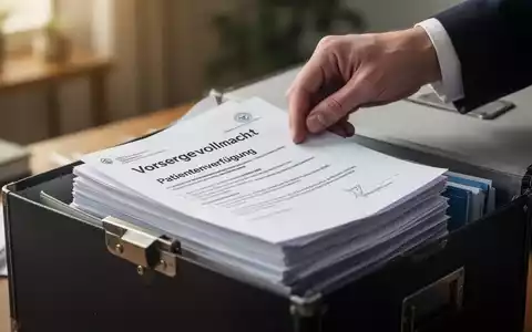 Eine Hand legt sorgfältig einen Stapel von Vorsorgedokumenten in eine Mappe, die Planung und Sicherheit symbolisiert. - Foto: über boerse-global.de