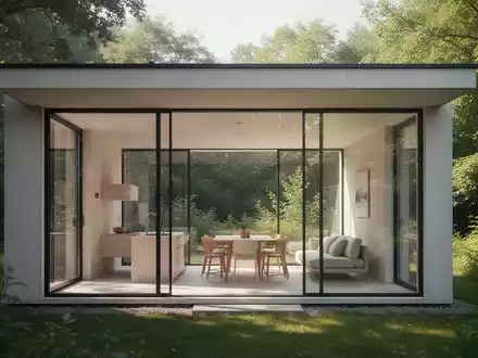 Ein modernes Tiny House im Bauhausstil mit großen Fenstern und einem flachen Dach, umgeben von grüner Natur. - Foto: über boerse-global.de